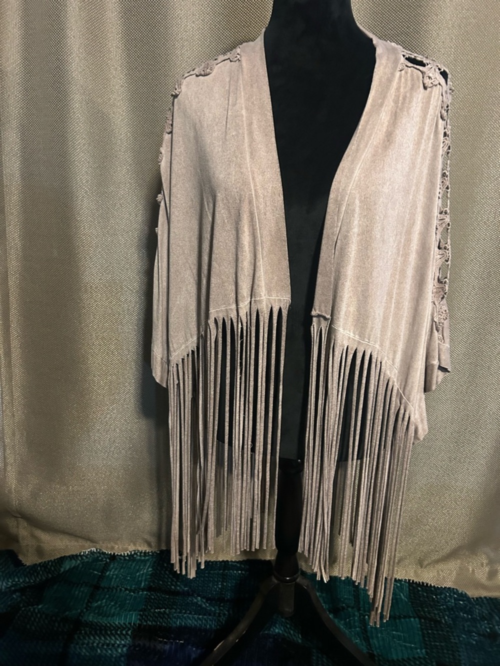 Taupe Fringe Open-Front Women's Sweater Kimono